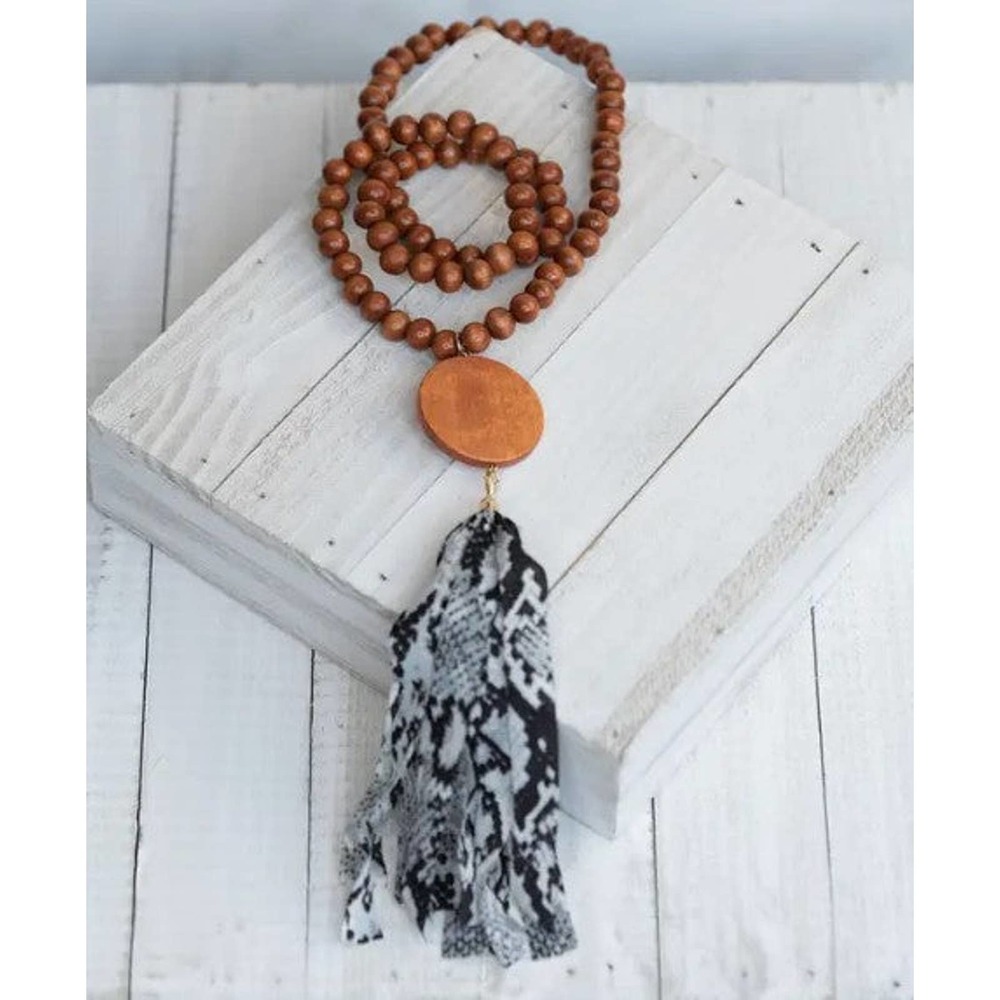 Snake Print Tassel Wooden Bead Necklace
